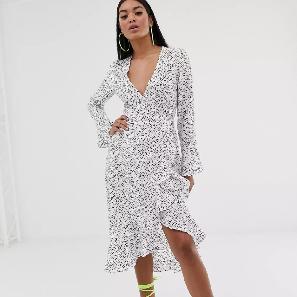 White Floral Print Long Sleeve Wrap Dress Size XXL